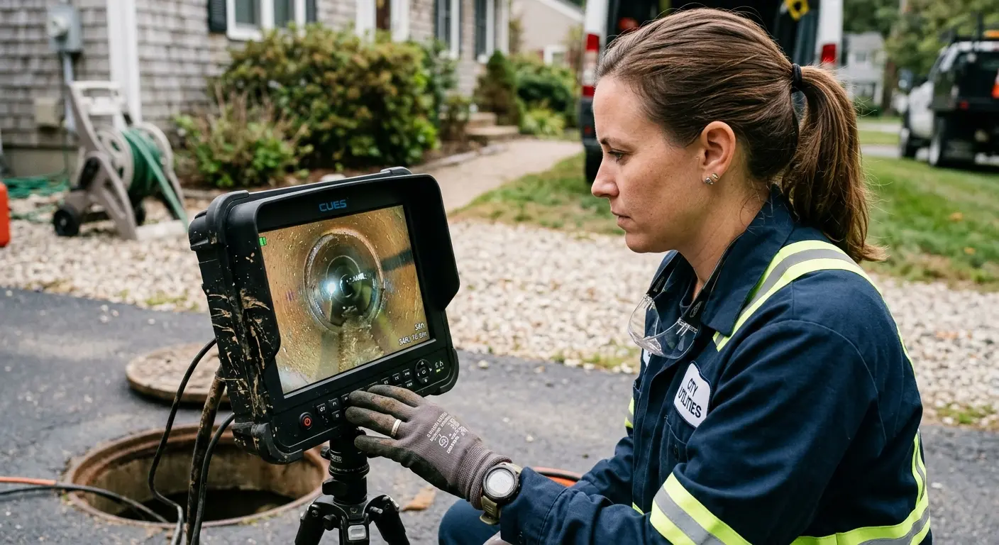 Technician reviewing sewer camera inspection footage in Doffing