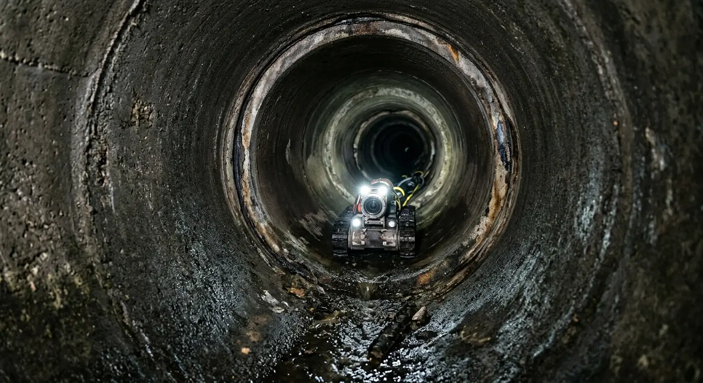 Robotic sewer camera inspecting pipe interior for Sewer Line Repair in Doffing