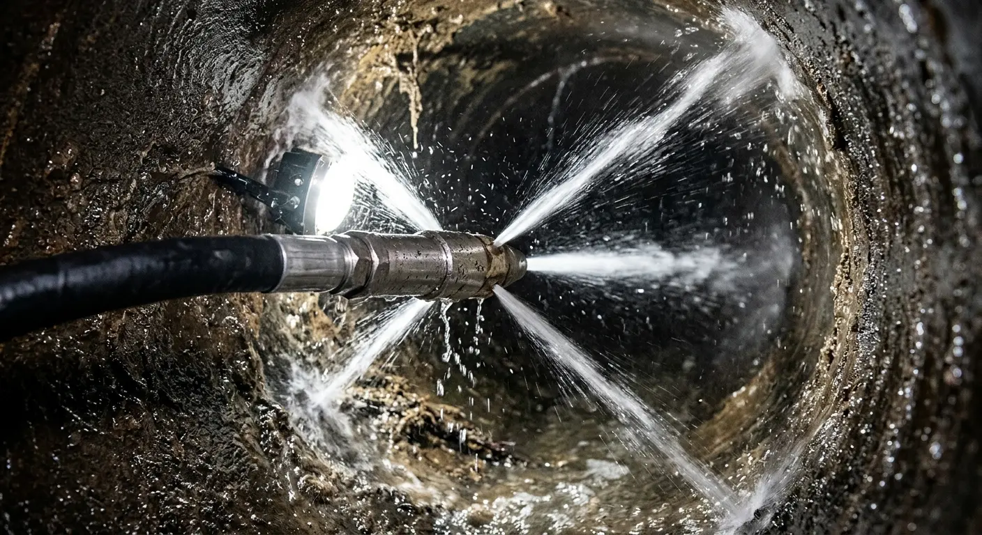 High-pressure hydro jetting nozzle cleaning sewer pipe for Emergency Drain Service in Doffing