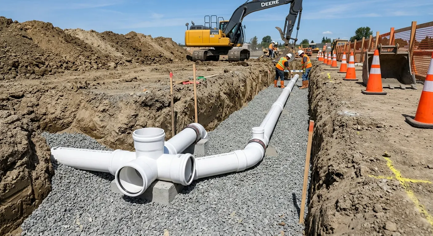 New PVC sewer pipe installation in open trench for Commercial Drain Cleaning in Doffing
