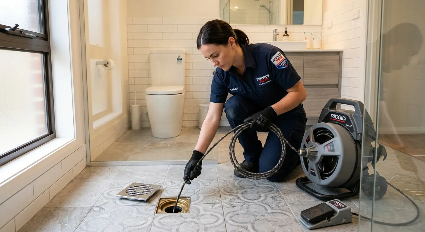 Technician clearing a bathroom floor drain for Clogged Drain Repair in Doffing